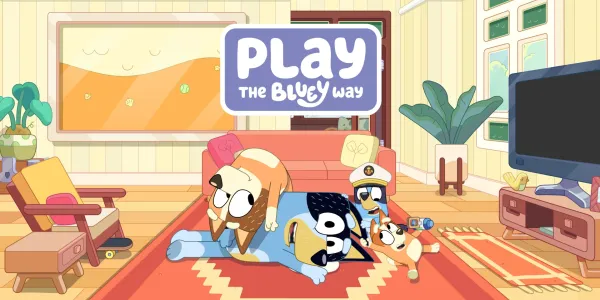 A still from the Bluey animation series. It shows a cartoon dad dog smiling being piled on top of by the rest of his family. The still carries the words 'Play the Bluey Way'
