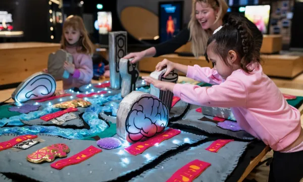 A group of people are in the middle of a science centre playing with a soft playable map.