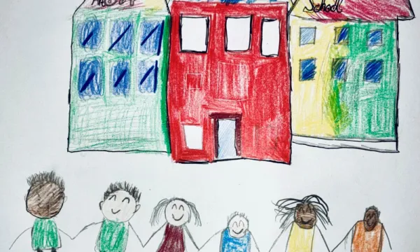 A drawing of 3 buildings that are multi coloured, with some people drawn below in a row holding hands.