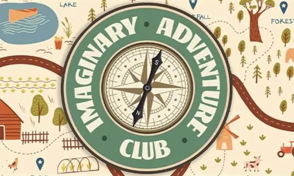 A graphic of a compass in the middle with the words imaginary adventure club around it
