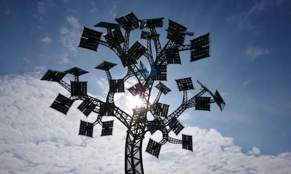 A metal 'energy tree' with solar panels 