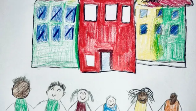 A drawing of 3 buildings that are multi coloured, with some people drawn below in a row holding hands.