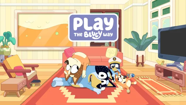 A still from the Bluey animation series. It shows a cartoon dad dog smiling being piled on top of by the rest of his family. The still carries the words 'Play the Bluey Way'
