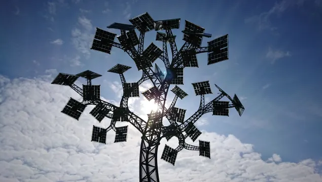 A metal 'energy tree' with solar panels 