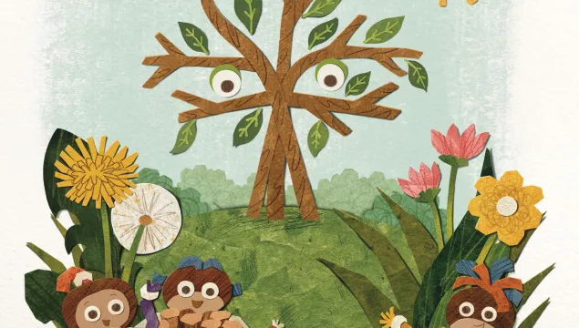 An illustration of animated pine cones, trees and flowers with eyes 