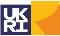 The image shows the UKRI logo. UKRI is written in white against a blue background to the right of this is a yellow and orange bar. 