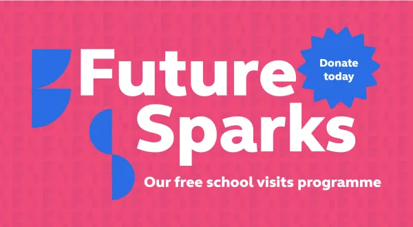 A graphic image with white writing on a pink background reading 'Future Sparks - our free school visits programme'