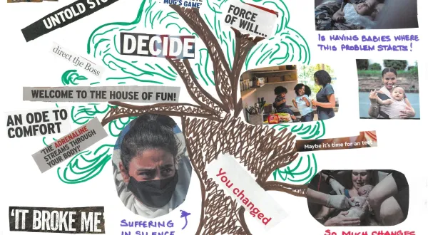 A collage showing a drawing of a tree and lots of words around incontinence