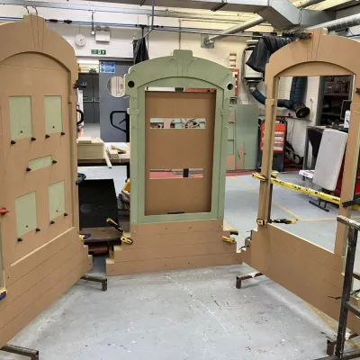 The wooden door frames under construction in the exhibitions workshop at We The Curious