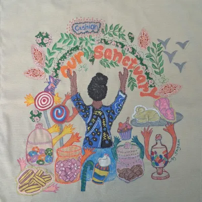 Cushion's banner, sits alongside the poem entitled 'Sweety Shop' (Artist: Sayambrita Mukherjee)
