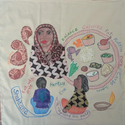 Shabaana's banner, sits alongside the poem entitled 'Cultural Plate' (Artist: Sayambrita Mukherjee)