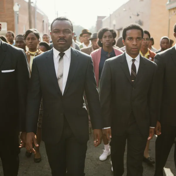 A promotional image for the film Selma with 4 men in suits walking towards the camera.