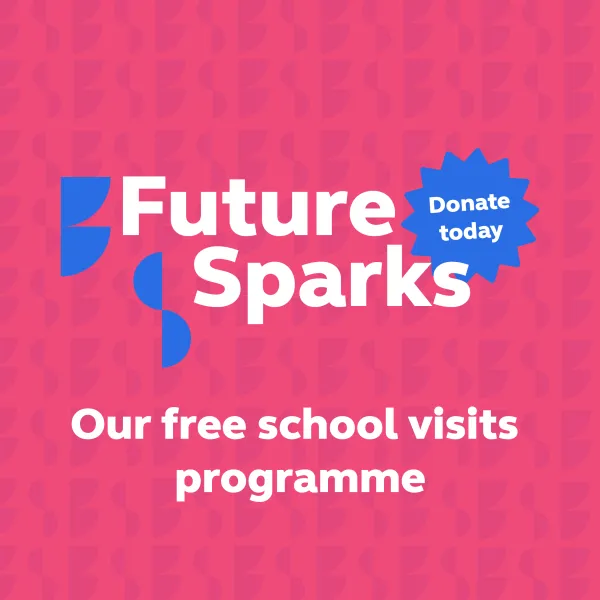 A graphic image with white writing on a pink background reading 'Future Sparks - our free school visits programme'