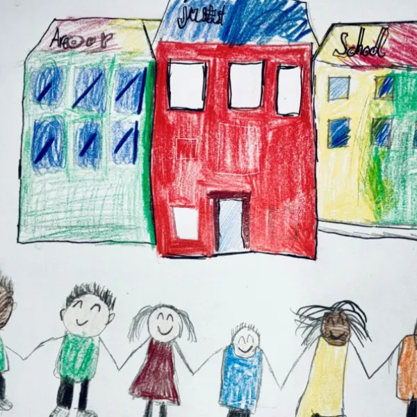 A drawing of 3 buildings that are multi coloured, with some people drawn below in a row holding hands.