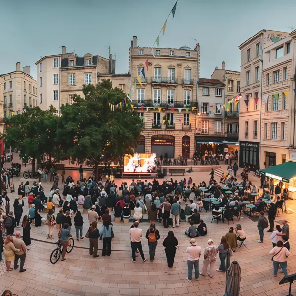 A town square featuring an outdoor cinema screen. Crowds are gathered and standing watching the screen. 