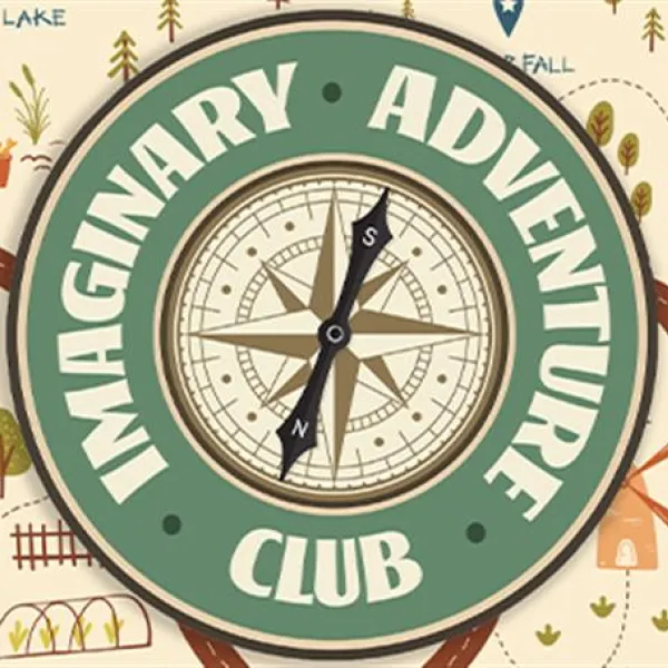 A graphic of a compass in the middle with the words imaginary adventure club around it