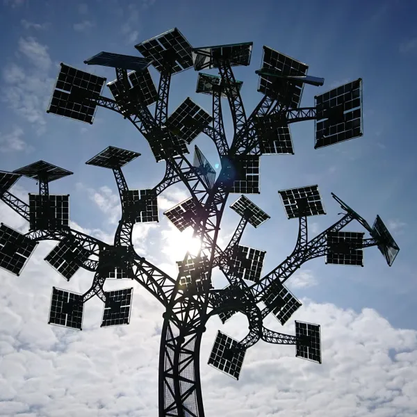 A metal 'energy tree' with solar panels 